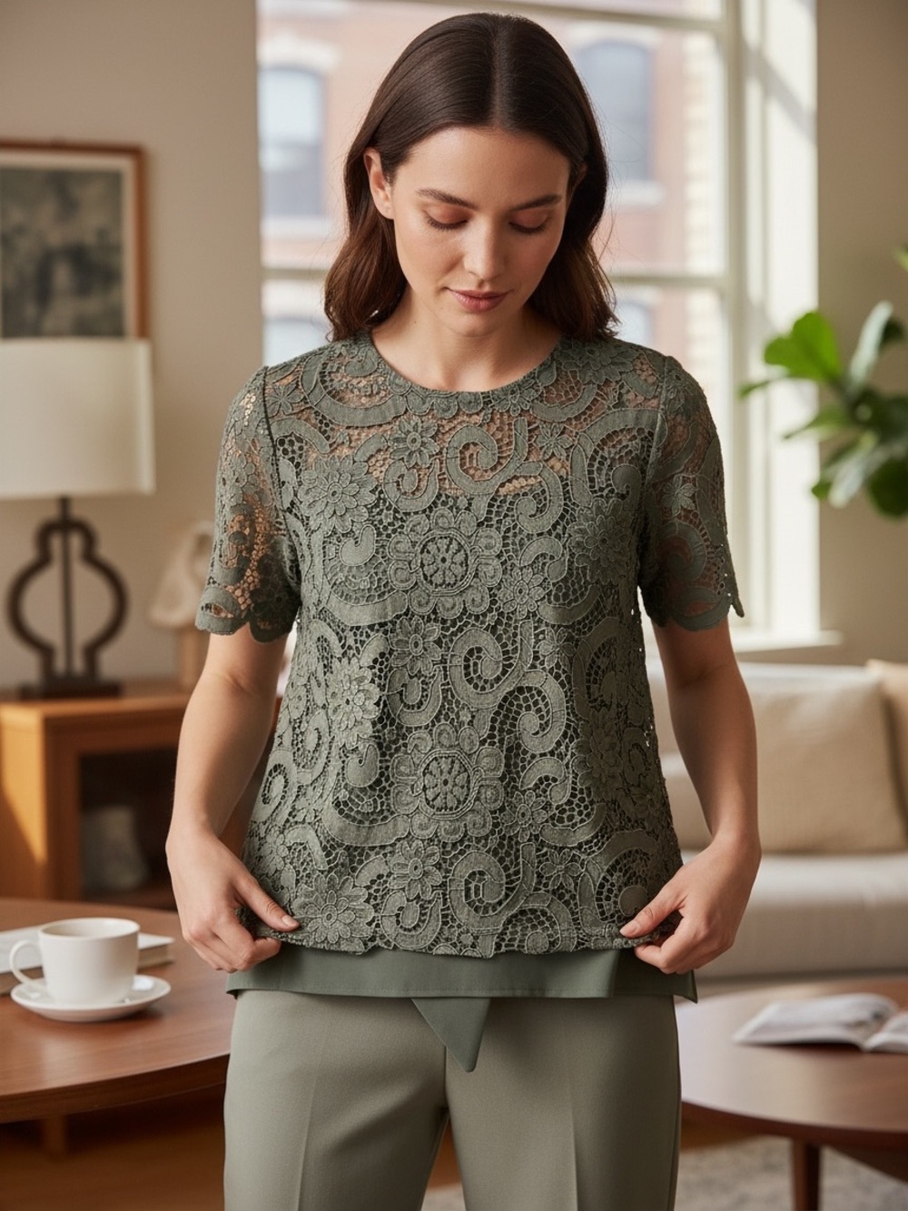 Olive Green Lace Short-Sleeve Women's Top size M - sku 159